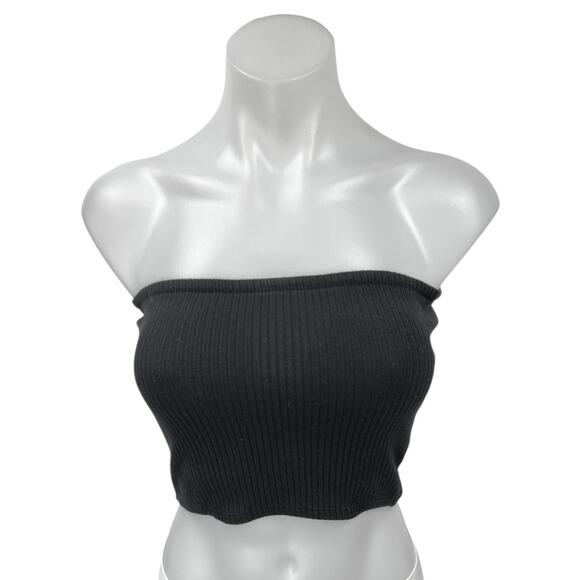 Urban Outfitters Black Rib Knit Sleeveless Strapless Crop Tube Tank Top Size S - Picture 1 of 4
